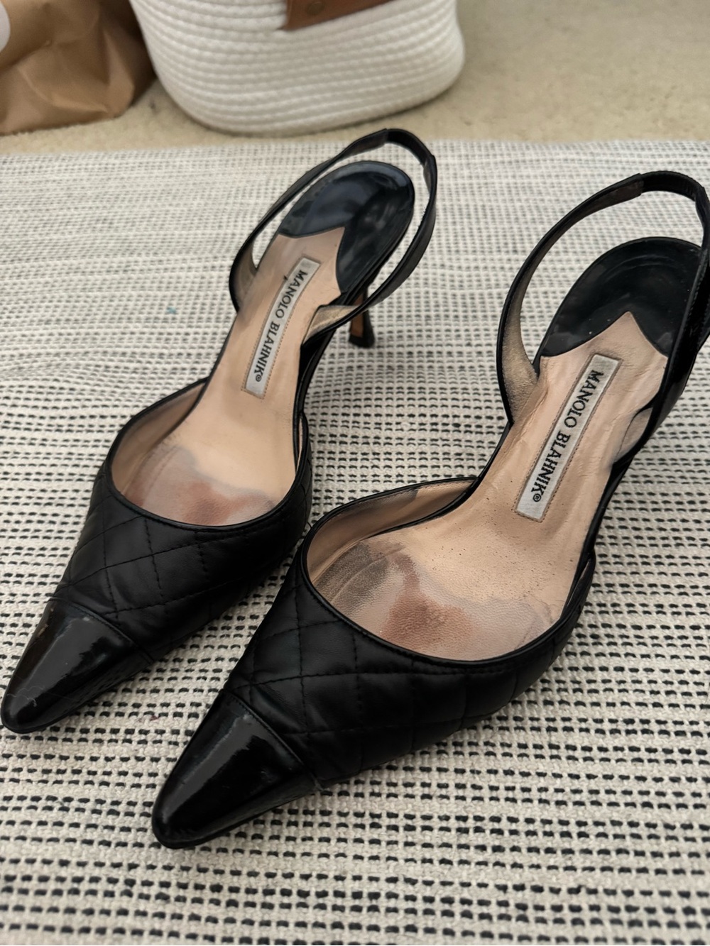 Manolo Blahnik Black Quilted Pointed Slingback Heels
